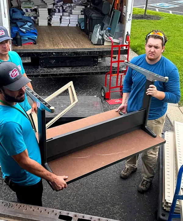 junk removal oak ridge tn three skilled contractors expertly removing office furniture from a commercial truck