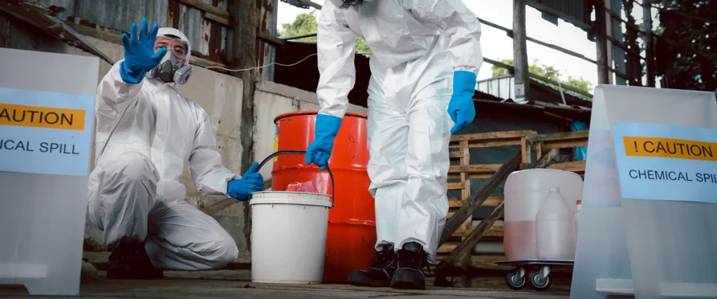 A response worker in a white protective suit and respirator signaling stop while managing a biohazard chemical spill near orange industrial drums.