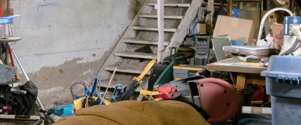 A concrete basement area in a hoarder home with wooden stairs partially blocked by umbrellas, suitcases, and piles of discarded household goods.