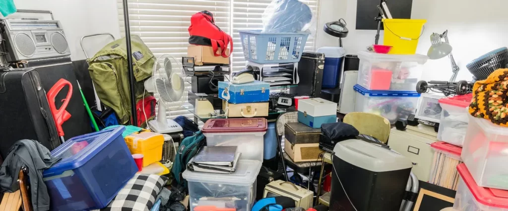 Interior view of a hoarder home featuring a room completely overwhelmed by stacked plastic storage bins, vintage electronics, and assorted household clutter blocking the window.